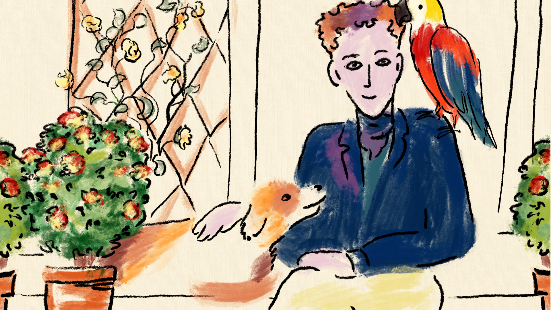 A drawing of artist Cedric Morris sits with a dog leaning on his lap and a red parrot on his shoulder