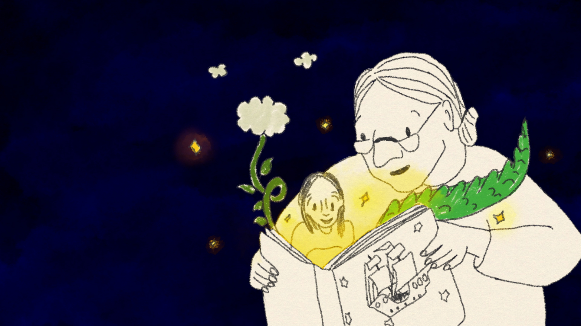 A child sits in her grandmothers lap listening to a story, while a tail and a beanstalk grow out of the book